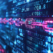 Close-up of blockchain technology with glowing blue and pink digital data blocks, representing data security and cryptocurrency.